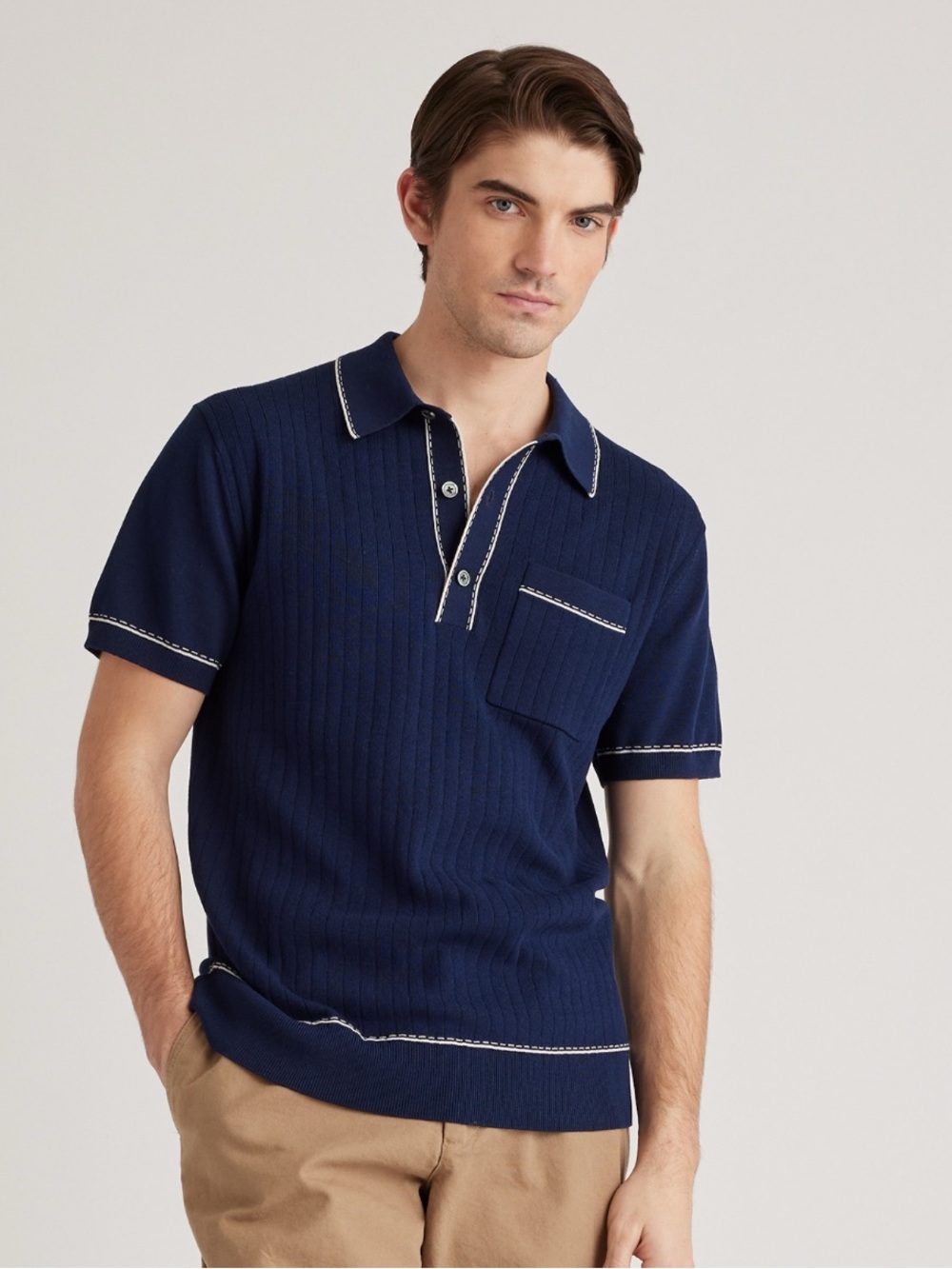 Quince Cotton-Silk Tipped Navy Polo Sweater with White Contrast Stitching